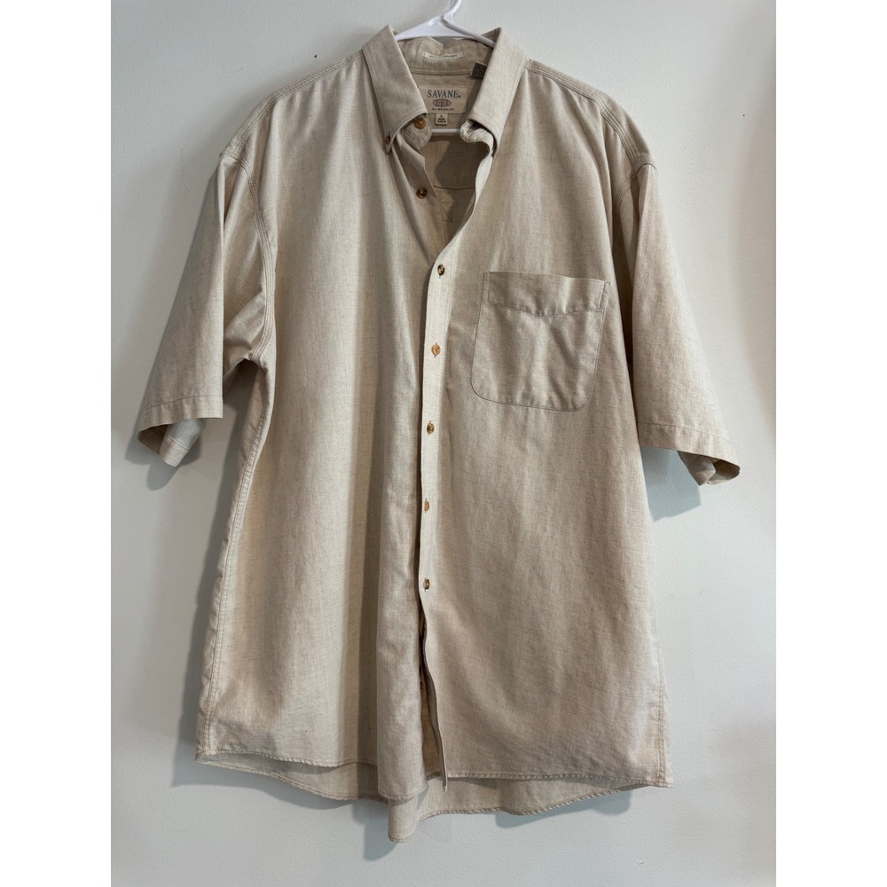 Savane Linen Cotton Blend Shirt Mens Large Beige No Wrinkle Short Sleeve